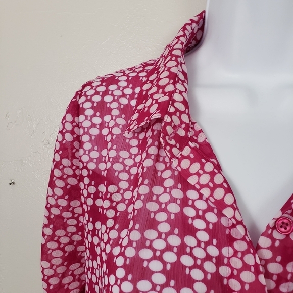 Downeast Basics Small Magenta Pink Chiffon Blouse White Polka Dot Button Up Top - Picture 2 of 9